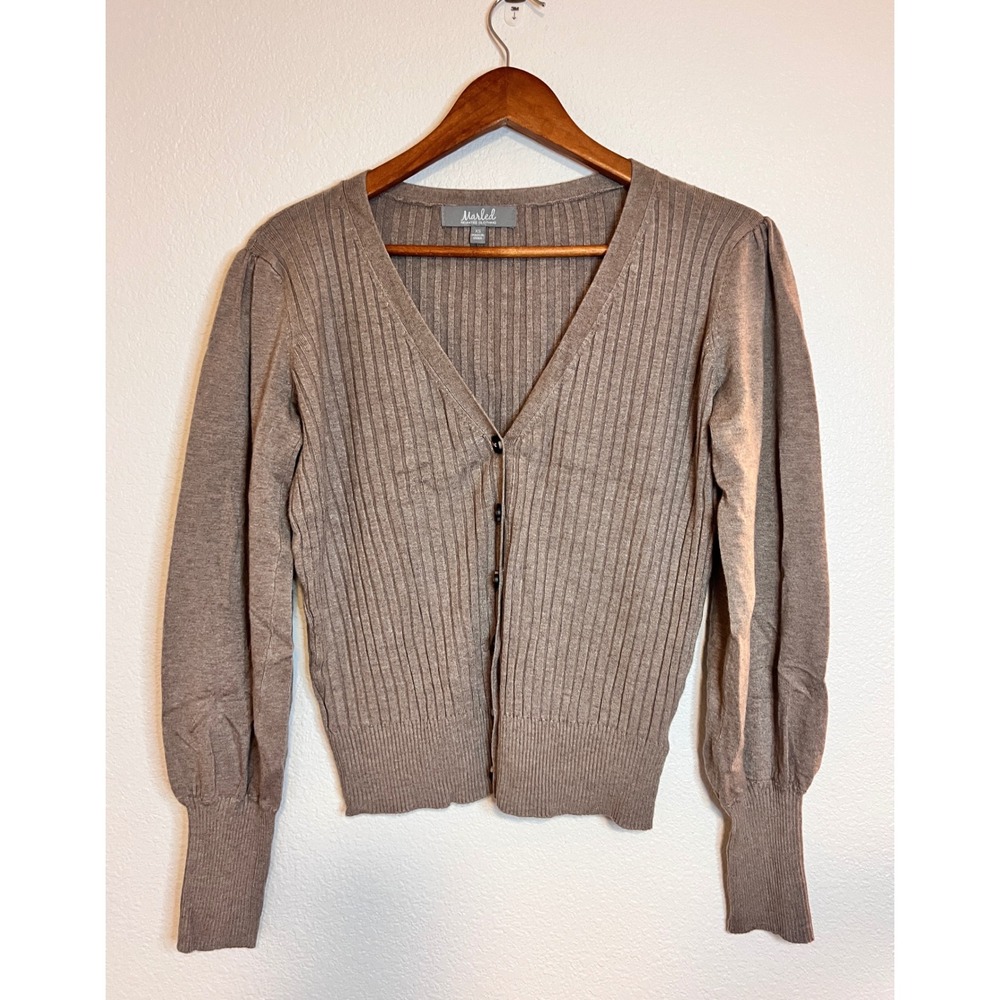 Marled Taupe Ribbed Cardigan Sweater XS Button Front Long Sleeve Stretch